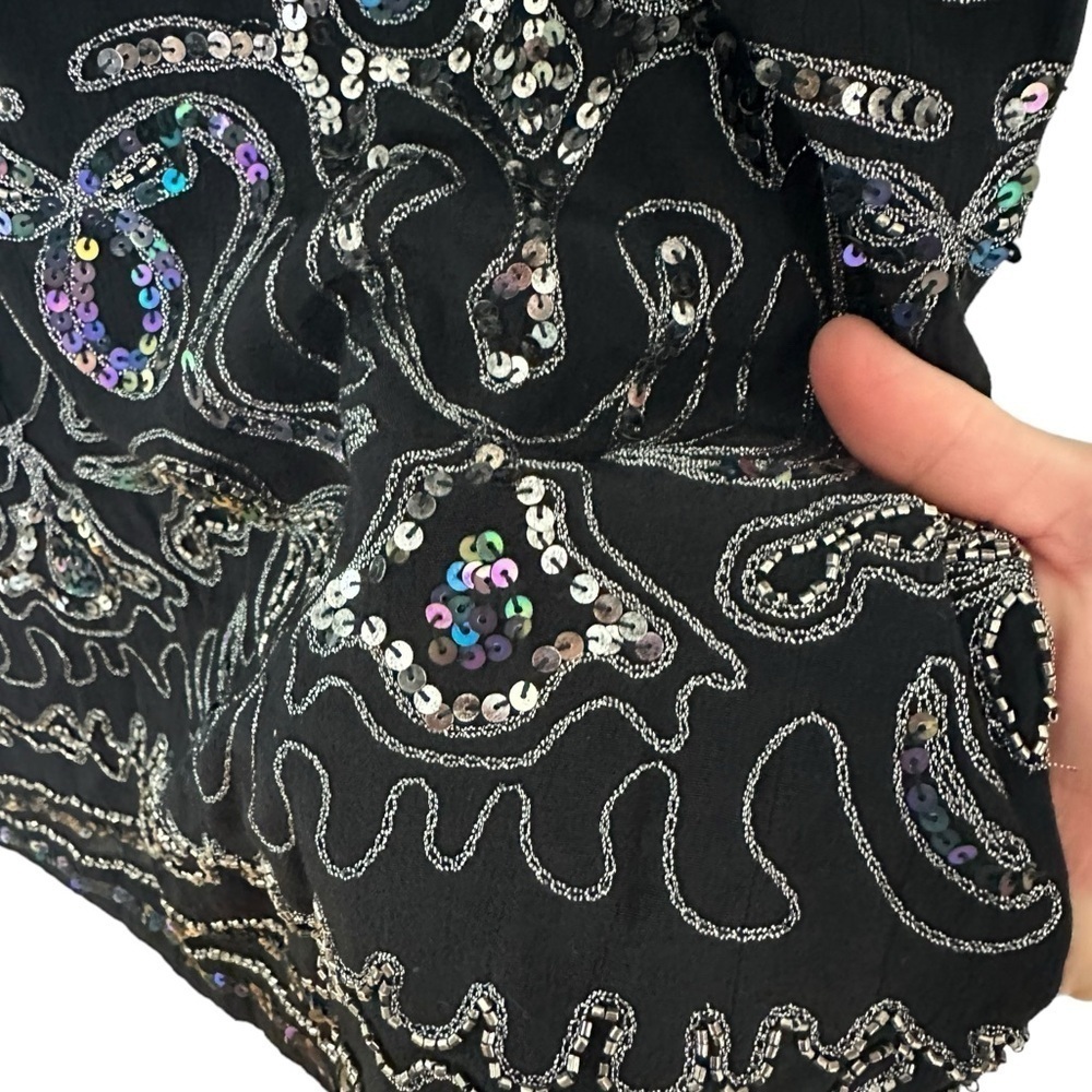 Free People Sequin Embroidery Mini Dress Flutter Sleeves oversized XS - Picture 8 of 9